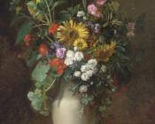 Sunflowers, roses, and other summer blooms in a vase on a stone ledge - 阿尔弗雷德·勒诺丹